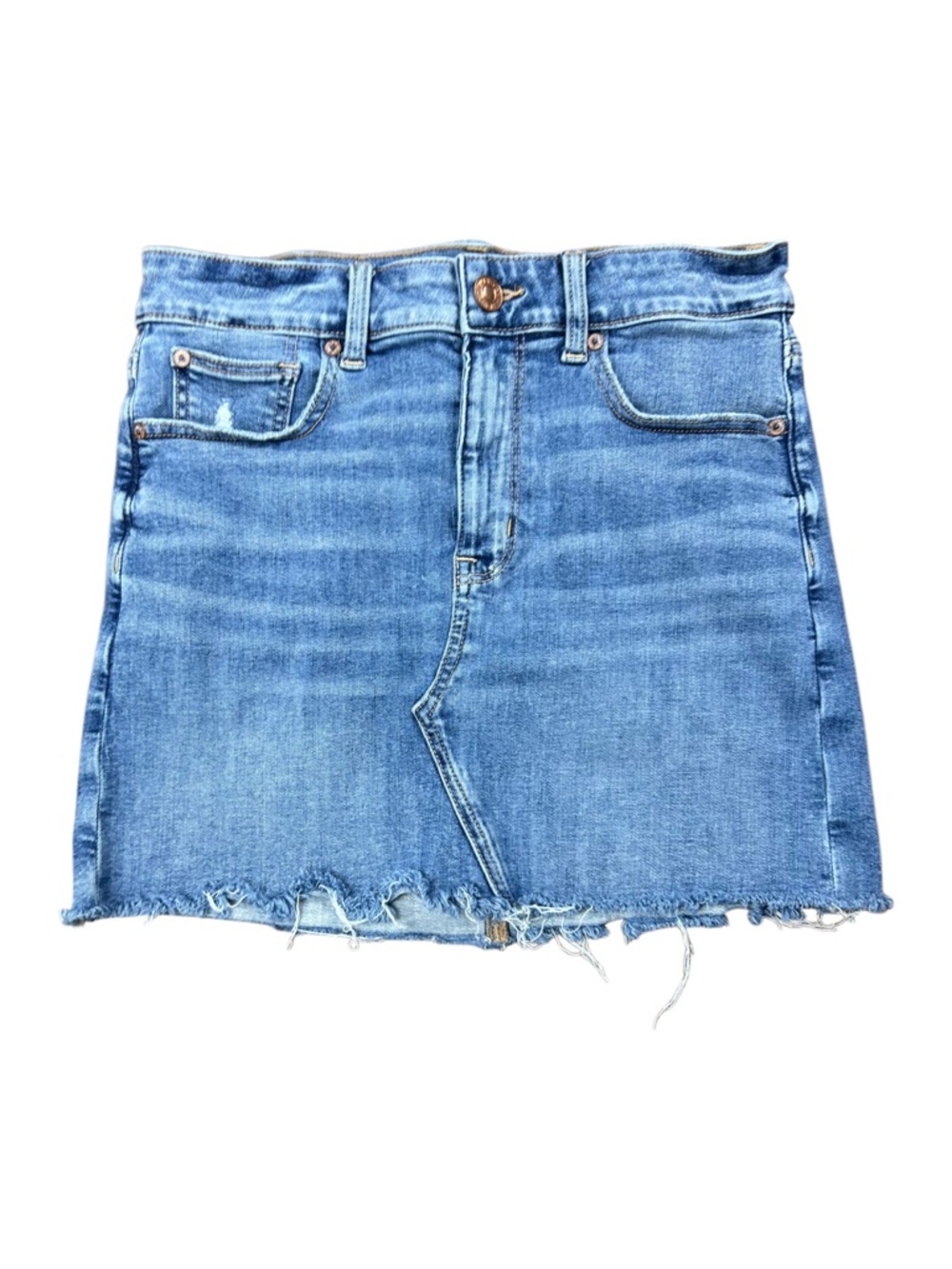 American Eagle Hi-Rise Mini Denim Skirt Size 6 Distressed Raw Hem - Picture 1 of 7